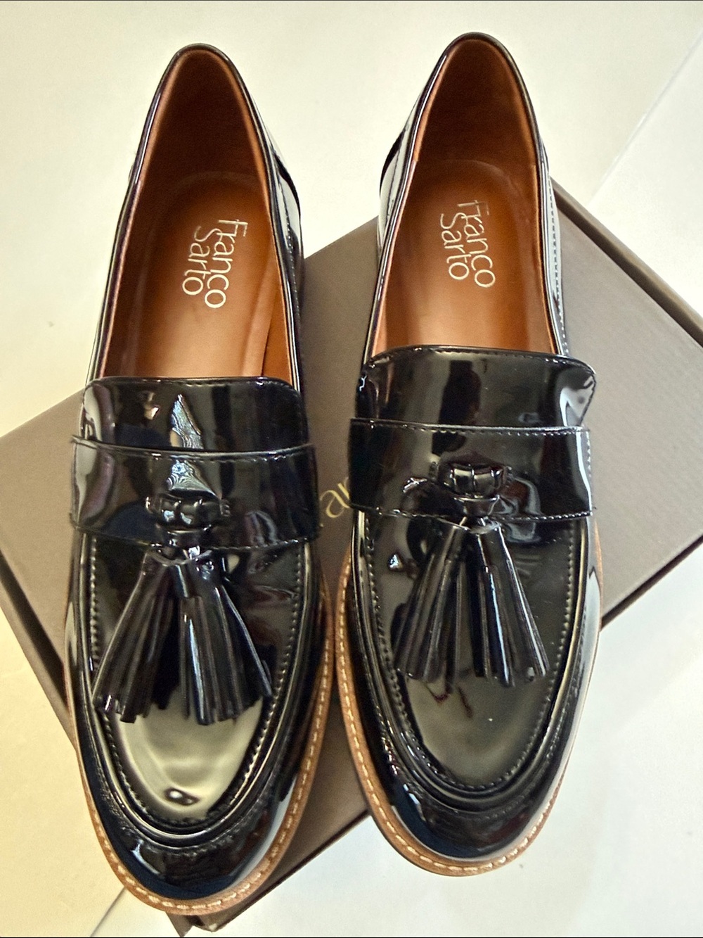 NWT FRANCO SARTO BLACK PTENT TASSEL PENNY LOAFERS, SIZE 9 - Picture 8 of 11